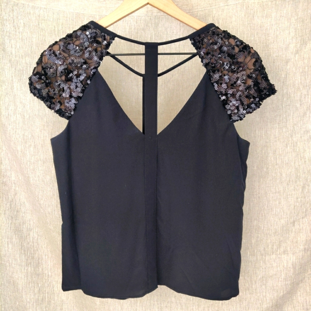 BCBGMaxAzria Sierra Blouse with Sequined Cap Sleeves